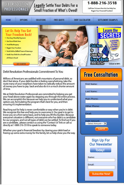Debt Resolution Professionals Custom Facebook Fan Page Welcome Landing Page