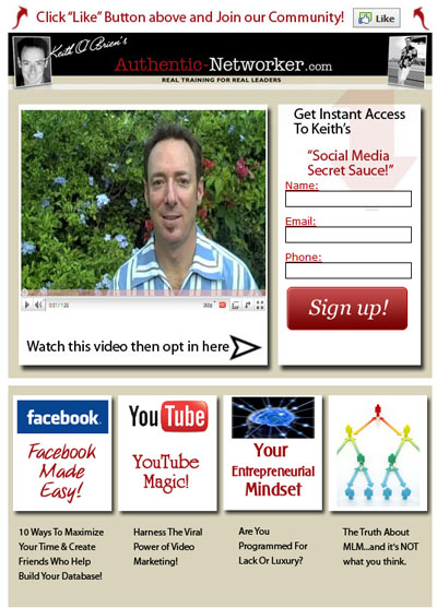 Keith O'Brien's Authentic-Networker Custom Facebook Fan Page Welcome Landing Page