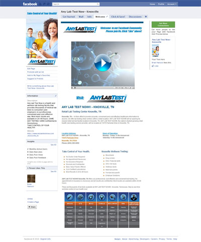 AnyLabTestNow.com - Knoxville, TN Custom Facebook Fan Page Welcome Landing Page and Profile Picture